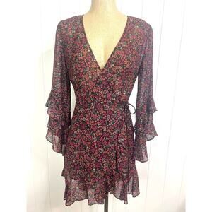 The Fifth Label Black Sheer Floral Mini Wrap Dress Size XS